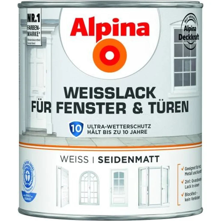 Alpina Weißlack für Fenster & Türen 2 l, weiß, seidenmatt – Bild 1