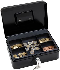 Wedo 145321X Geldkassette (pulverbeschichteter Stahl, versenkbarer Griff, 5-Fächer-Münzeinsatz, Sicherheits-Zylinderschloss, 25 x 18 x 9 cm) schwarz