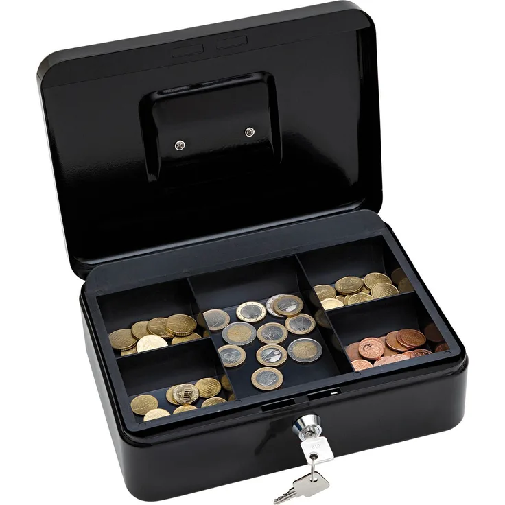 Wedo 145321X Geldkassette (aus pulverbeschichtetem Stahl, versenkbarer Griff, 5-Fächer-Münzeinsatz, Sicherheits-Zylinderschloss, 25 x 18 x 9 cm) schwarz