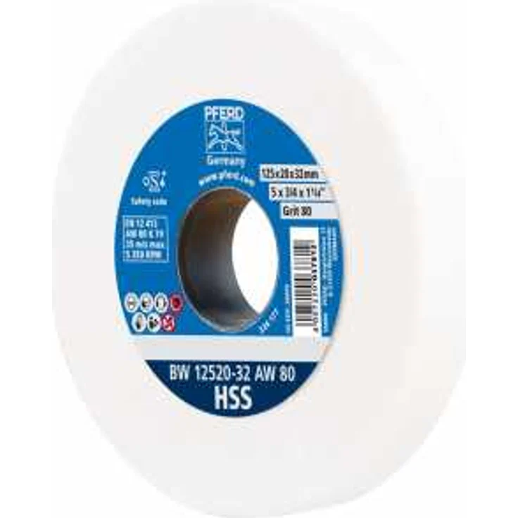 PFERD Schleifbockscheibe, 125x20x32mm, Ausführung HSS, Korngröße 80, Edelkorund weiß, 39009698 – Schleifscheibe für das Bearbeiten hochlegierter Stähle mit integrierten Reduzierhülsen (25-20-16mm) – Bild 1