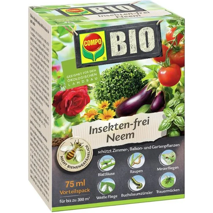 COMPO BIO Insekten-frei Neem 75 ml Bekämpfung von Schädlingen (u.a. Buchsbaumzünsler) an Zierpflanzen, Kartoffeln, Gemüse und Kräutern – Bild 1