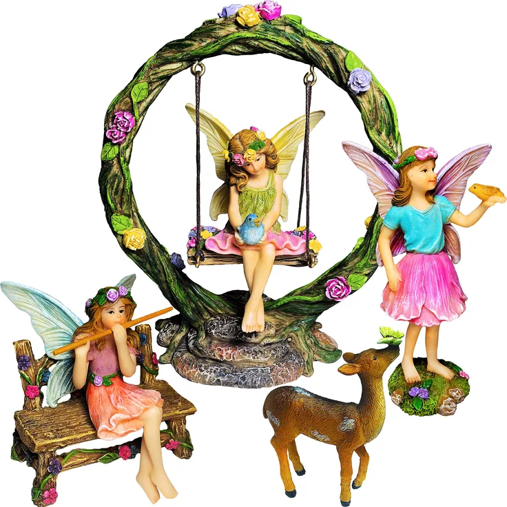 Mood Lab Fairy Garden Kit Miniatur-Figuren mit Zubehör, Schaukel-Set von 6 Stück, handbemalt für den Außenbereich oder als Hausdekoration