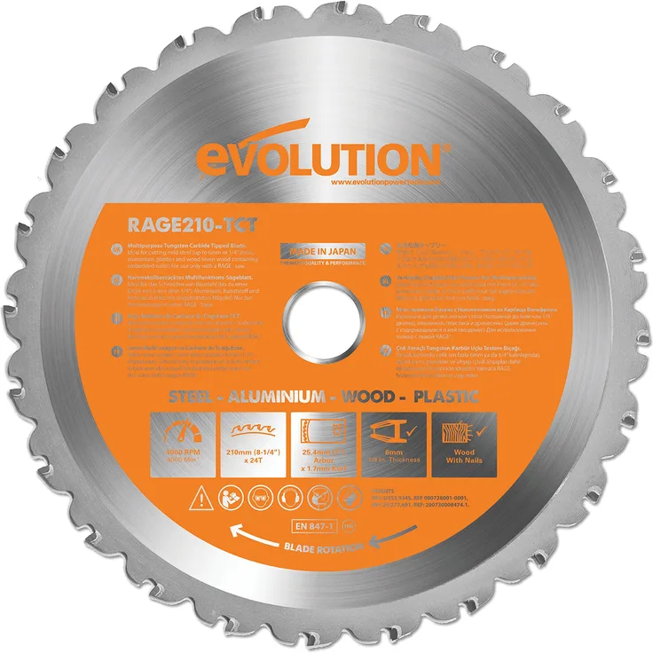 Evolution Elektrowerkzeuge - RAGE Mehrzweck-Sägeblatt mit Wolframkarbidbeschichtung, 210 mm
