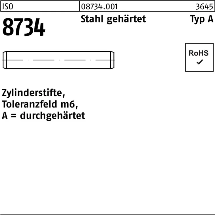 DIVERSE Zylinderstift ISO 8734 8 m6 x 40 Stahl gehärtet Toleranz m6 ISO 8734