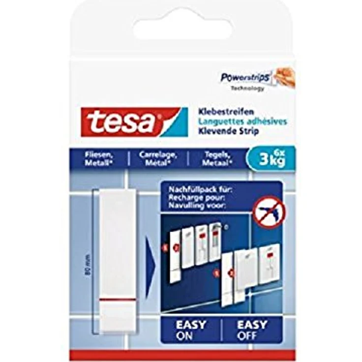 tesa Powerstrips Klebestreifen (für Fliesen und Metall 3 kg, Doppelseitige Streifen für feste, glatte Flächen, bis zu 3 kg Halteleistung pro Streifen) 6 Stück - Preisvergleich – Bild 1