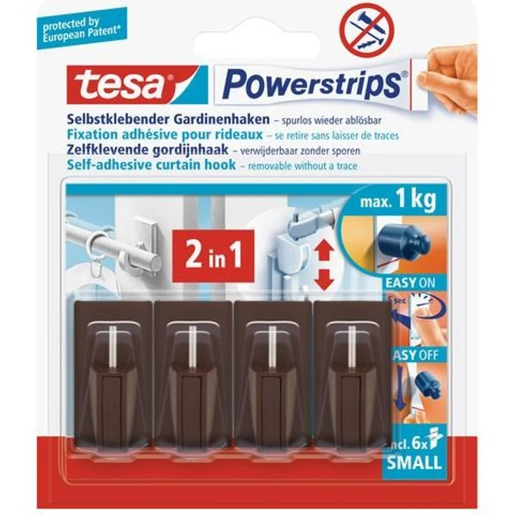 tesa Powerstrips Gardinenhaken, selbstklebend, braun, 4 Stück – Bild 1