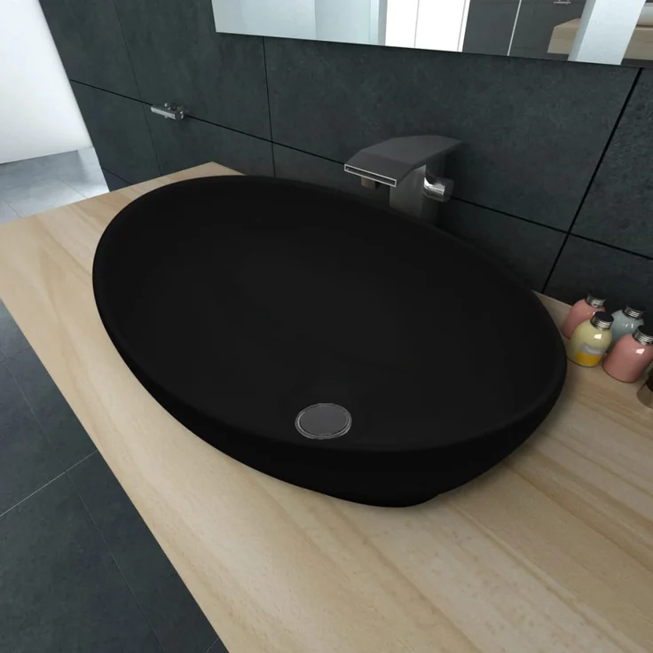 vidaXL Keramik Waschtisch Waschbecken Oval schwarz 40 x 33 cm – Bild 1