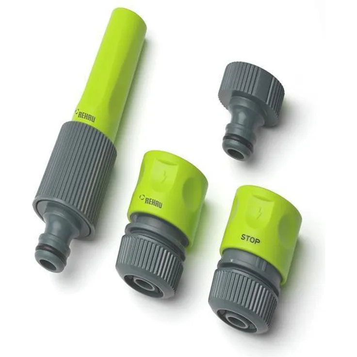 REHAU Armaturen Grundausstattung für 13mm (1-2) Schlauch, Set aus Hahnanschluss, Schnellschlauchstück, Wasserstop, Spritze