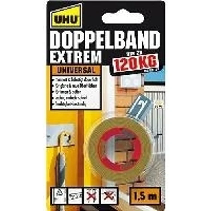 UHU Doppelband Extrem, Extrem hohe Klebekraft von 120 kg- Rolle, 1,5 m x 19 mm - Preisvergleich – Bild 1