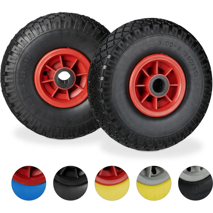 Sackkarrenrad 2er Set, pannensichere 3.00-4'' Vollgummireifen, 25mm Achse, bis 80 kg, 260x85 mm, schwarz-rot