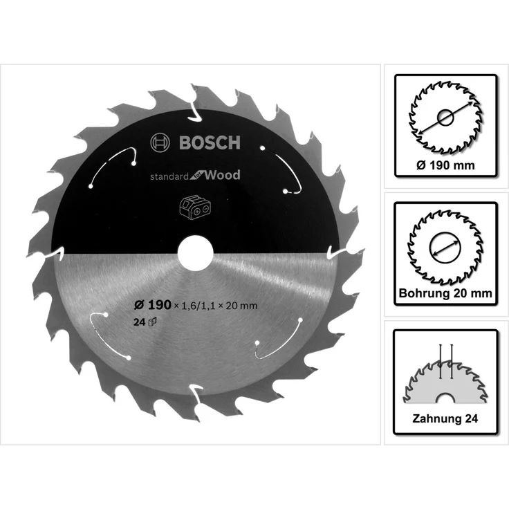 Bosch Professional Kreissägeblatt Standard for Wood (Holz, 190 x 20 x 1,6 mm, 24 Zähne, Zubehör Akku Kreissäge) – Bild 1