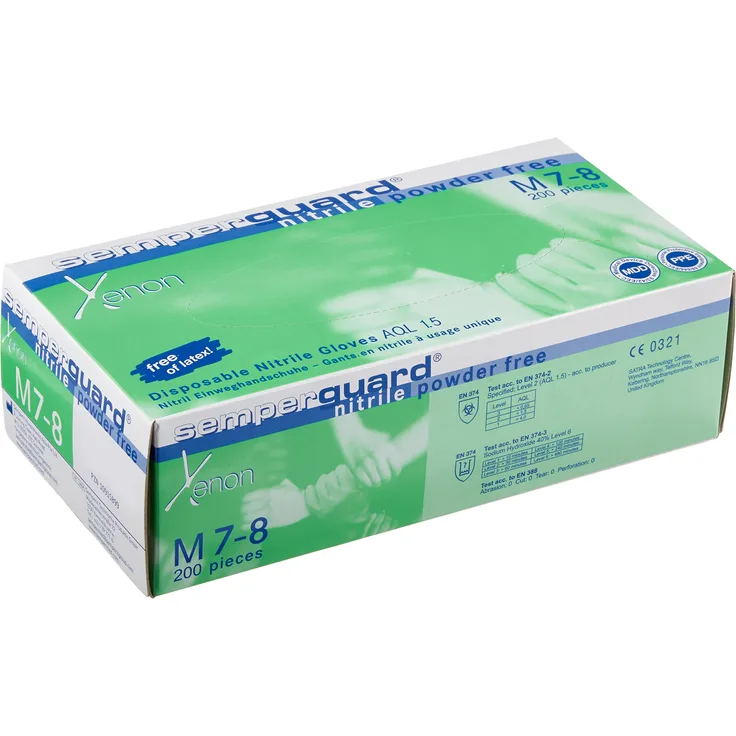 Semperguard 816780835/3000001634 Xenon Einmalschutz und Untersuchungshandschuh aus Nitrillatex, puderfrei, Größe M, 7-8, Weiß (200 er-Pack)