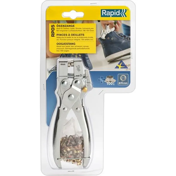 Rapid Ösenzange RP05 Set mit Lochstanzfunktion und 100 Ösen 4mm