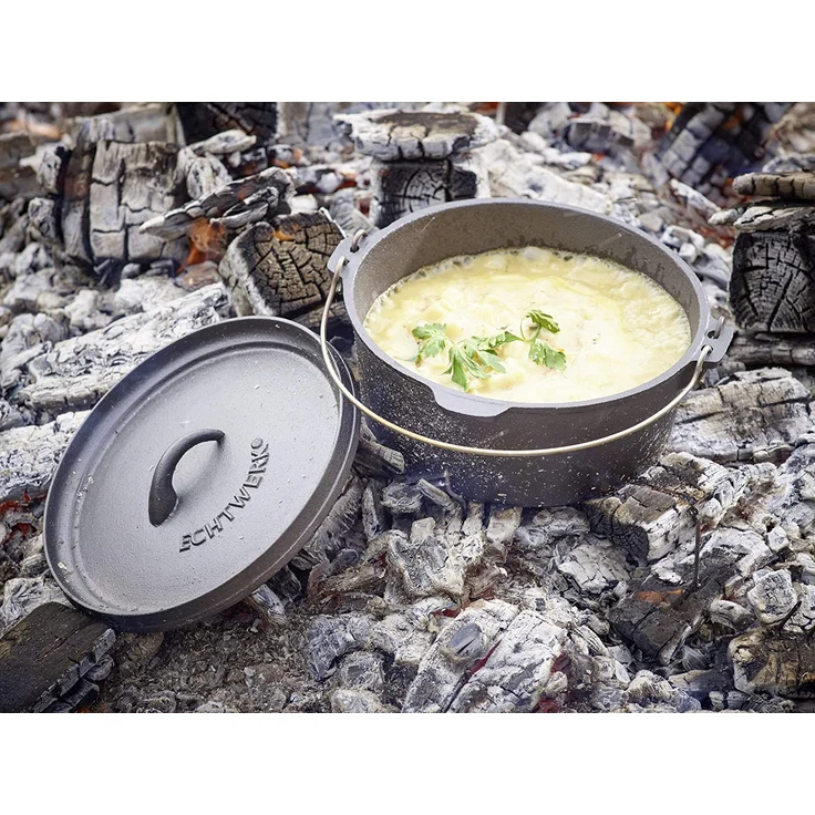 Echtwerk 7-teiliges Dutch Oven Set aus Gusseisen in Holzkiste, Kochtopf-Set aus verschiedenen Größen mit Kochtopf, Stieltopf, Grillplatte, Pfanne, Deckelheber und Untersetzer zum Kochen und Braten – Bild 5
