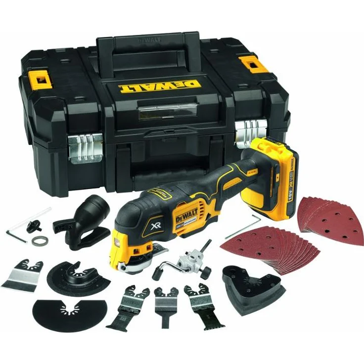 DeWalt Multi-Tool- Multifunktionswerkzeug 18 Volt, 2,0 Ah Akku, bürstenlos, LED-Arbeitslampe, Airlock-System, inkl. 35-teiliges Zubehör-Set, 2 Akkus, Schnell-Ladegerät und TSTAK Box II DCS355D2 – Bild 1