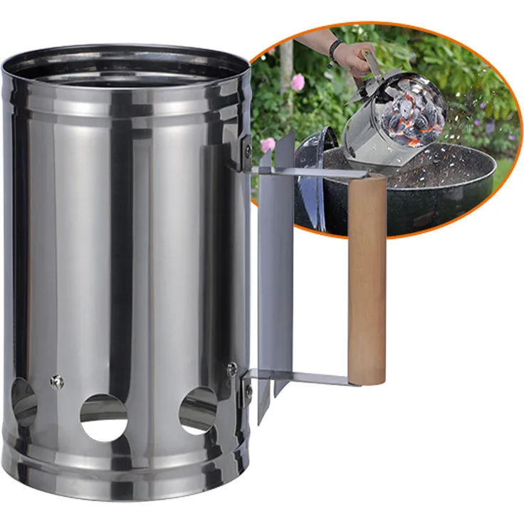 Anzündkamin aus Edelstahl für Kohle und Briketts - 17cm Durchm. - 27cm hoch - Hitzeschutz