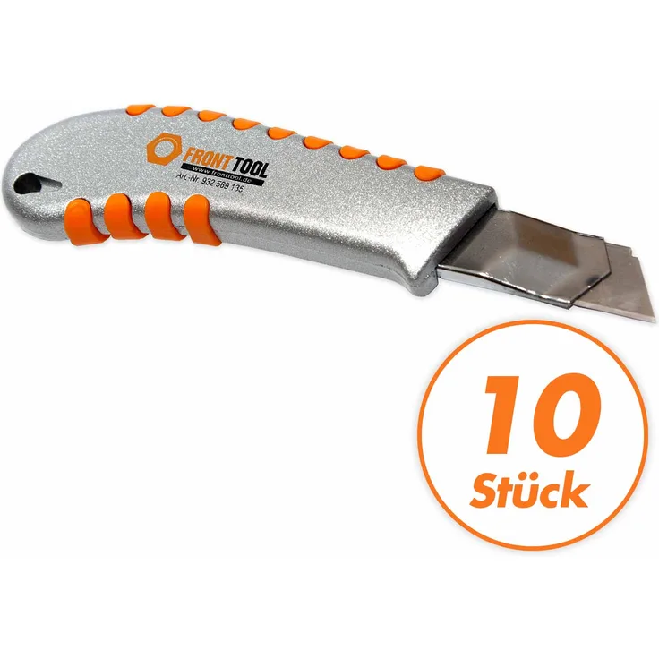 10 Stück FRONTTOOL Cuttermesser Alu Profi 18 mm aus schlagfestem Alu-Druckguss, Metallführung, ergonomischer Griff