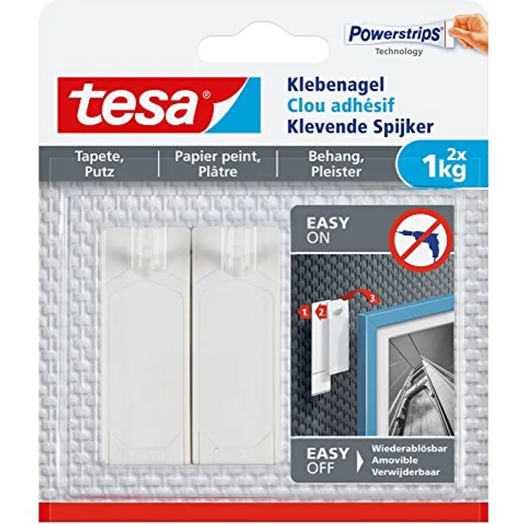 tesa Klebenagel für Tapeten und Putz - Selbstklebende Nägel für empfindliche Oberflächen - Leicht anzubringen und zu entfernen - rückstandslos - 2 x 1kg Halteleistung