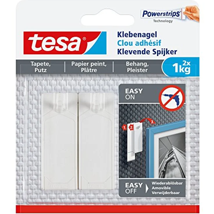 tesa Klebenagel für Tapeten und Putz - Selbstklebende Nägel für empfindliche Oberflächen - Leicht anzubringen und zu entfernen - rückstandslos - 2 x 1kg Halteleistung – Bild 1