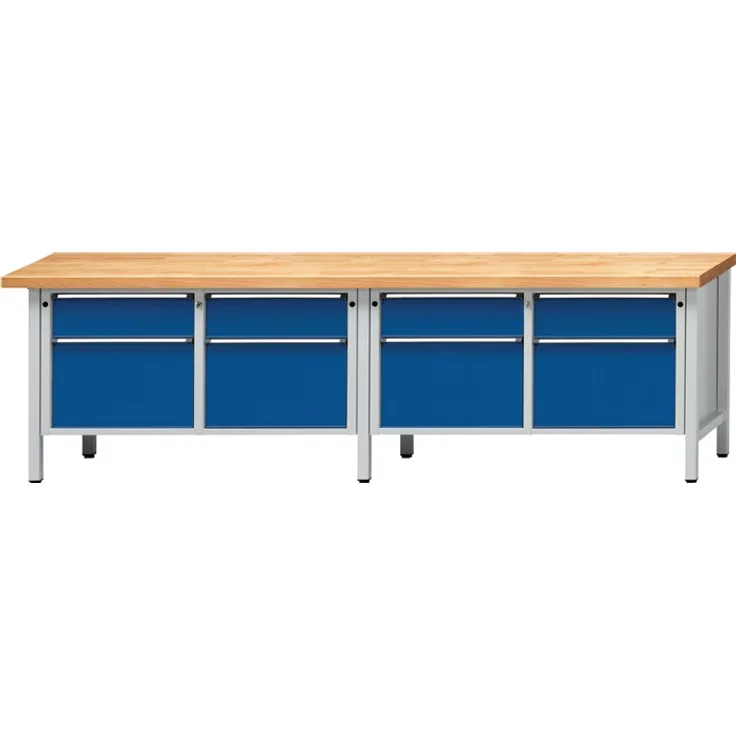 Werkbank V B2800xT700xH840mm Buche massiv lichtgrau enzianblau 4 Schubl.ANKE