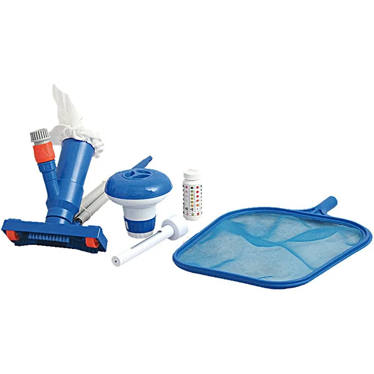 Jilong Pool-Reinigung Set C mit Poolstange Schwimmbad Kescher Bodensauger Chemikalien-Dosierer Thermometer 50 Teststreifen zur Poolpflege & Pflege der Wasserqualität