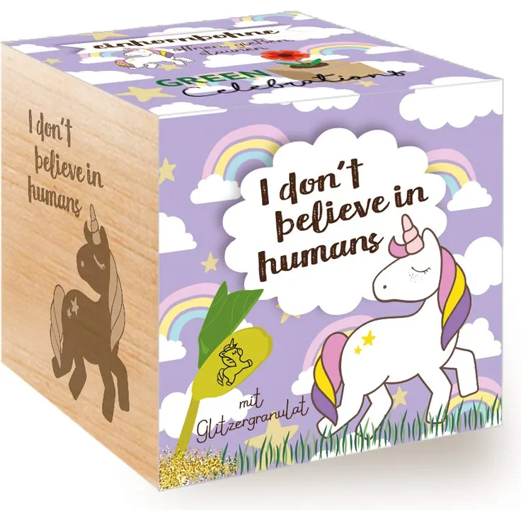 Feel Green Grow Your Own Einhornbohne, Holzwürfel Mit Lasergravur «I Don't Believe in Humans», Nachhaltige Geschenkidee, Anzuchtset, Ecocube, Made in Austria