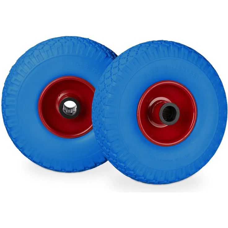 Sackkarrenrad Set, pannensicher, 3.00-4 Vollgummireifen, Stahlfelge, 25 mm Achse, 100 kg, 260x85mm, blau-rot – Bild 1