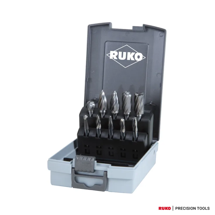 RUKO R116103ARO Wolframcarbid Drehfräser mit Aluminiumzahnset in Kunststoffkoffer, helles Finish, 10 Stück