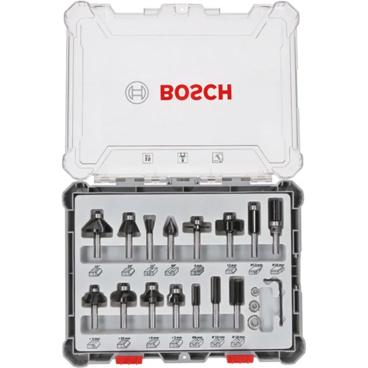Bosch Professional Freihandfräser Set 15 Teile 8 mm Schaft Hartmetall für feine Holzarbeiten