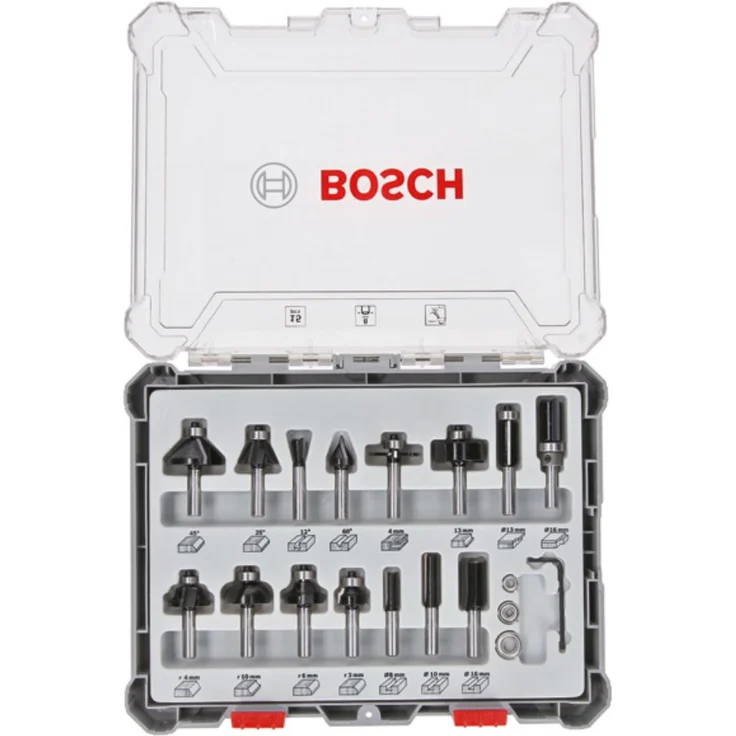 Bosch Professional Freihandfräser Set 15 Teile 8 mm Schaft Hartmetall für feine Holzarbeiten – Bild 1