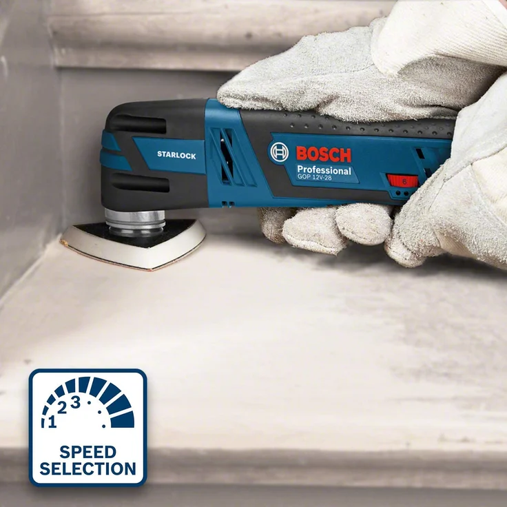Bosch Professional 12V System Akku Multi Cutter GOP 12V-28 (inkl. 3,0x Ah Akku + Schnellladegerät, 1xDeltaschleifplatte, 5xSchleifblätter, 3xTauchsägeblatt, in L-BOXX) – Bild 4