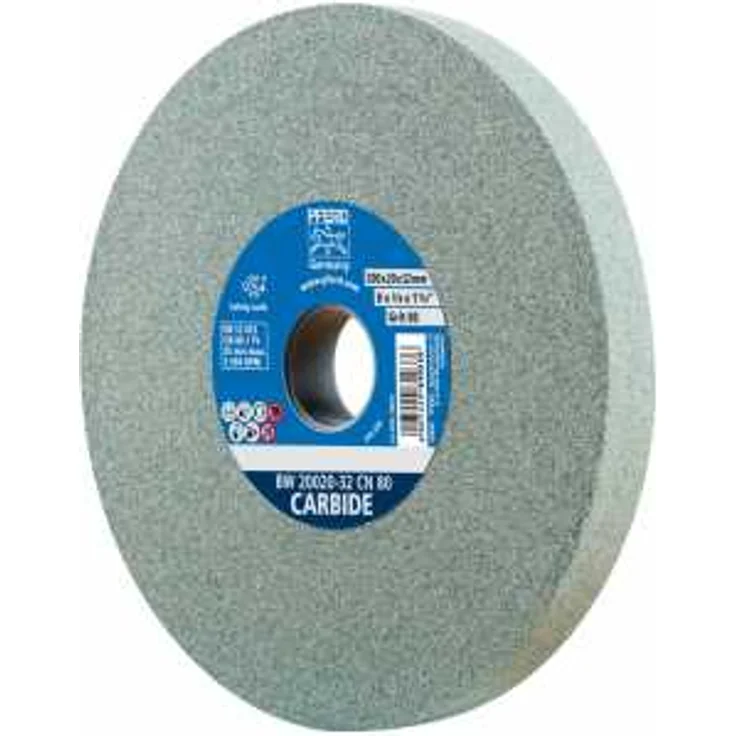 PFERD Schleifbockscheibe, 200x20x32, Ausführung CARBIDE, Korngröße 80, Siliciumcarbid, 39008438 – Schleifbockscheibe für das Bearbeiten harter Materialien mit integrierten Reduzierhülsen (25-20-16mm) – Bild 1