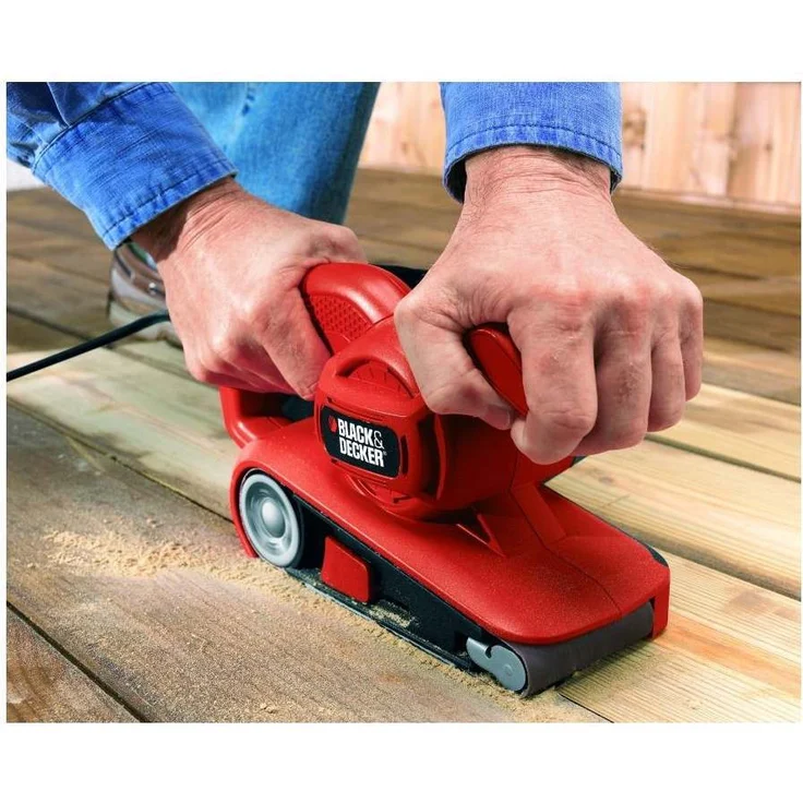 Black+Decker Bandschleifer (720W, mit automatischer Schleifbandzentrierung, vergrößerter Bandwechsel-Hebel, ergonomischer Zweithandgriff, Staubfangsack, einfache Bandmontage) KA86 – Bild 5