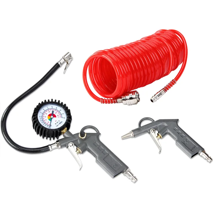 Deuba Druckluft Set 3tlg. für Kompressoren Max. Druck 12 Bar Spiralschlauch 5m Reifenfüllmesser Ausblaspistole - Ausblaseset Reifenfüller