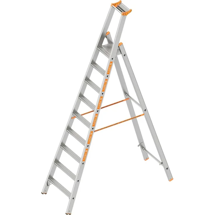 Layher 1064009 Stufenstehleiter einseitig begehbar Topic mit 9 Breiten Stufen, Aluminiumleiter klappbar mit Podest, Länge 2.95 m