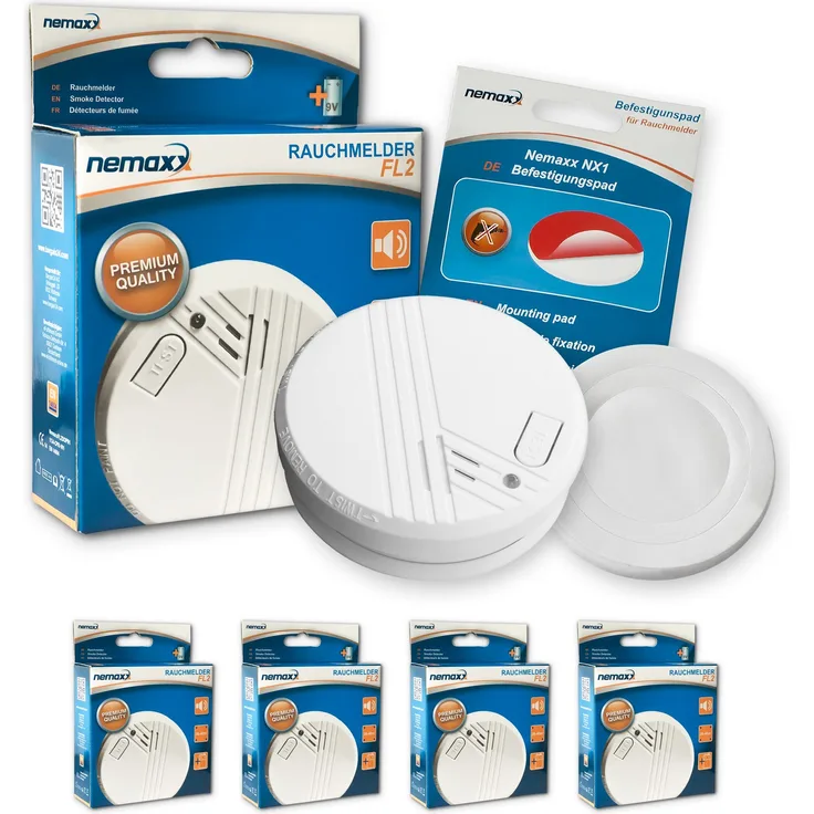 Nemaxx 4X Nemaxx FL2 Rauchmelder - hochwertiger Rauchwarnmelder nach EN 14604 mit sensibler fotoelektrischer Technologie plus 4X Nemaxx NX1 Quickfix Befestigungspad