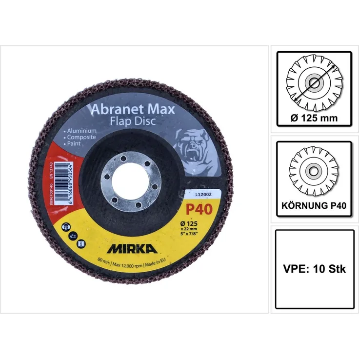 Mirka Abranet Max Flap Disc T29 125 mm 22 mm ALOX 40 ( 10x 8896700140 ) Fächerscheibe für Aluminium, Verbundstoffe, Lack