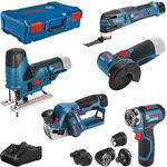 Bosch Professional 12V Akku Werkzeug Set 5tlg. GSR+GOP+GHO+GWS+GST, 3 Akkus, Ladegerät, L-Boxx