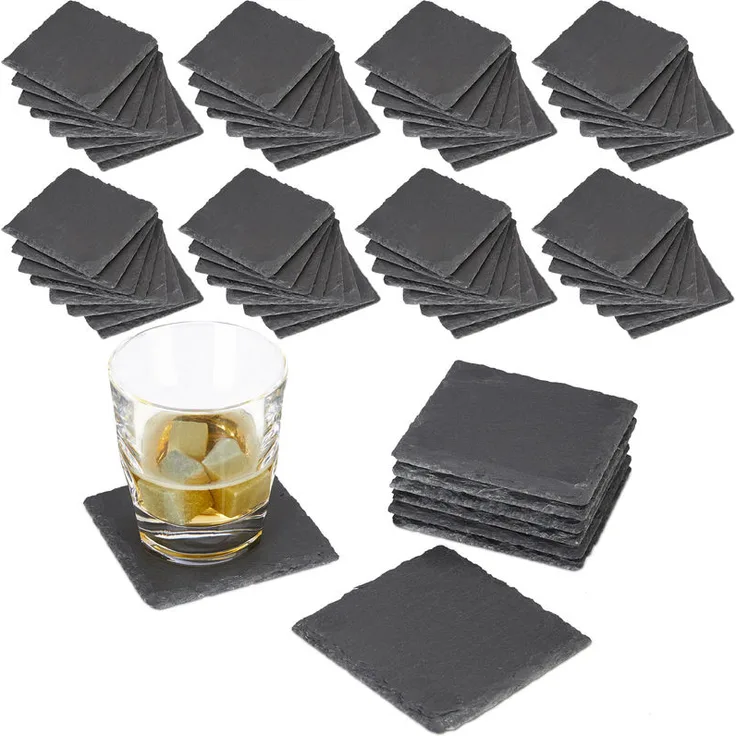 Relaxdays - 72x Getränkeuntersetzer Schiefer im Set, quadratisch 10x10 cm, pflegeleichte Untersetzer, für Gläser, grau