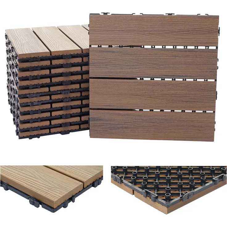 WPC Bodenfliese HWC-E20, Holzoptik Balkon-Terrasse, 3D-Struktur linear 11x je 30x30cm 1qm, geprägt-braun