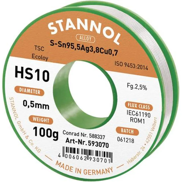 Stannol HS10 Legierung TSC sn95,5ag3,8cu0,7, 0,5 mm, 100 g Spule, 1 Stück, 631900