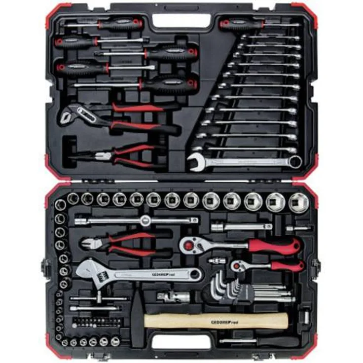 GEDORE red Steckschlüsselsatz R46003100, 100-teilig, Mit Umschaltknarre, Ratsche, Steckschlüssel und Bitsatz, Hammer, Ringmaulschlüssel und Zangen