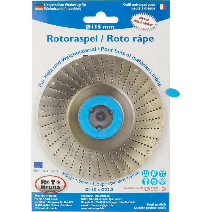 Rotoraspel Raspelscheibe für schnelles Abschleifen von Holz, Kunststoff, Gummi, Styropor, Skulpturen, Kunst & Formen | für Winkelschleifer Ø 115 mm x 22,2 mm (Klinge Fein 1,5 mm)