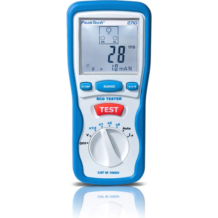 PeakTech 2710 Digitaler FI Tester für Auslösecharakteristik mit großer LCD Anzeige, Fehlerstrom Schutzschalter, RCD Messer, Doppelt isoliertes Gehäuse, Betriebsspannung 230V- 50Hz - CAT III 600 V