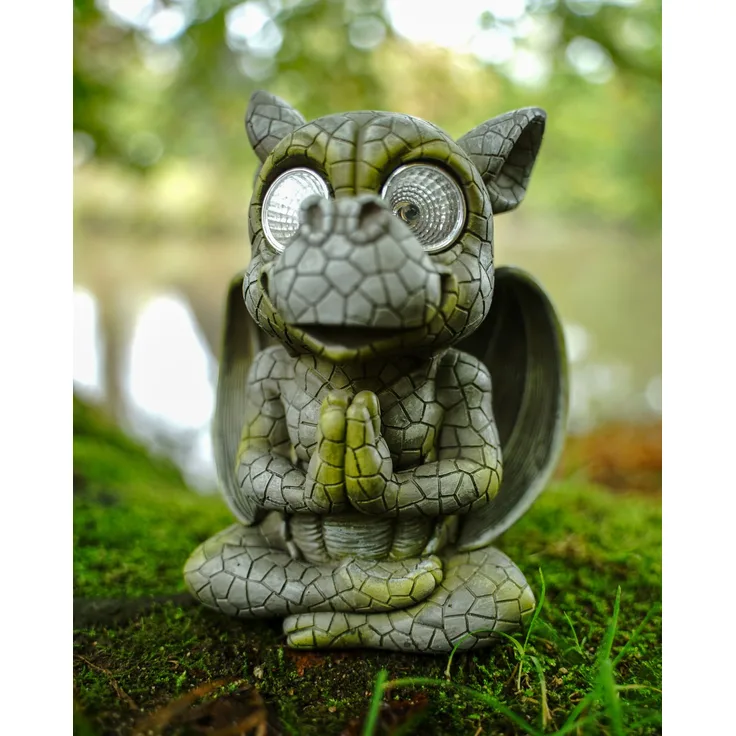 Yoga Gartendrache mit LED Solaraugen 16 cm Drache Figur Gartenfigur Glück Gargoyle Skulptur Solar
