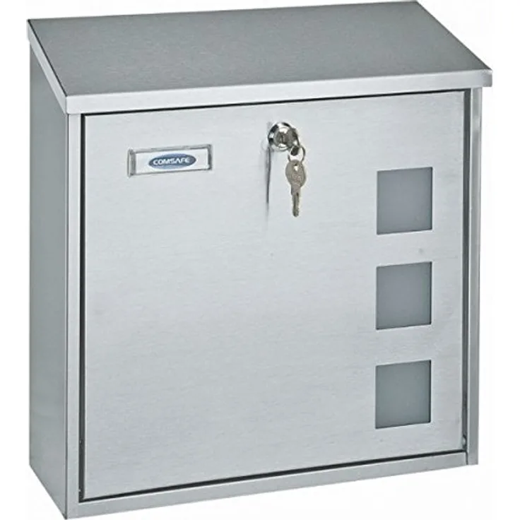 Rottner T06048 Muro INOX Design-Briefkasten aus gebürstetem Edelstahl, mit Sichtfenster, Namensschild, Zylinderschloss und Schutzklappe. A4-Einwurf. Inklusive Montagematerial