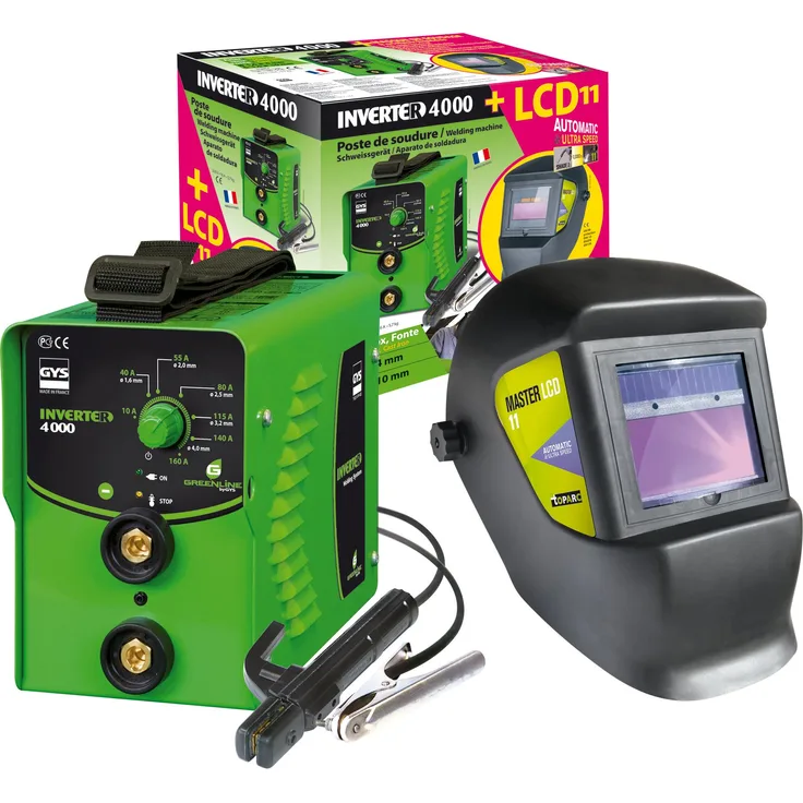 GYS Elektroden-Schweißgerät 160 A, mit LCD-Schweißhelm, grün, Inverter 4000 und LCD Master 11