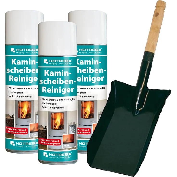 HOTREGA HOTREGA Kaminscheiben Reiniger 3 Stück entfernt mühelos Ruß von Kachelofen- und Kaminglas inkl. Kohlenschaufel