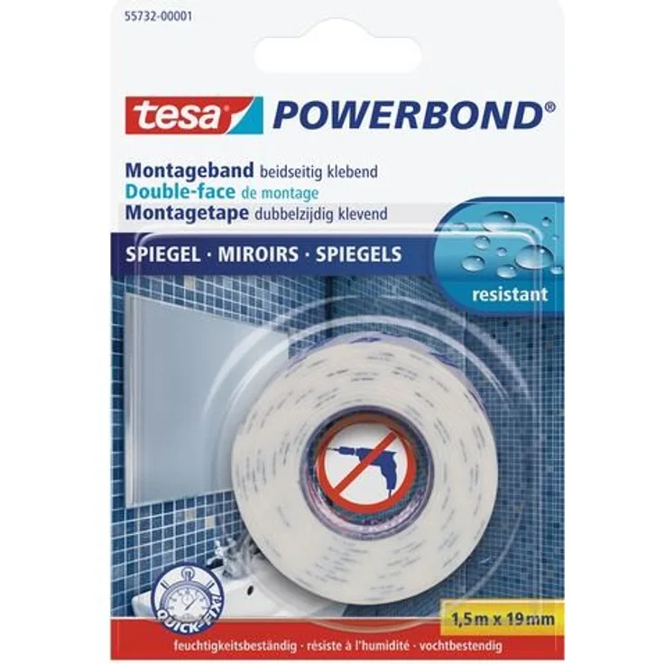 tesa doppelseitiges Montageband Powerbond SPIEGEL, 1,5m x 19mm