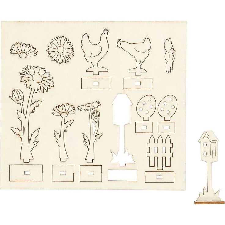 Zusammensteckbare Figuren, Margeriten und Hühner, L 15,5 cm, B 17 cm, Holz, 1Pck., Stärke: 3 mm